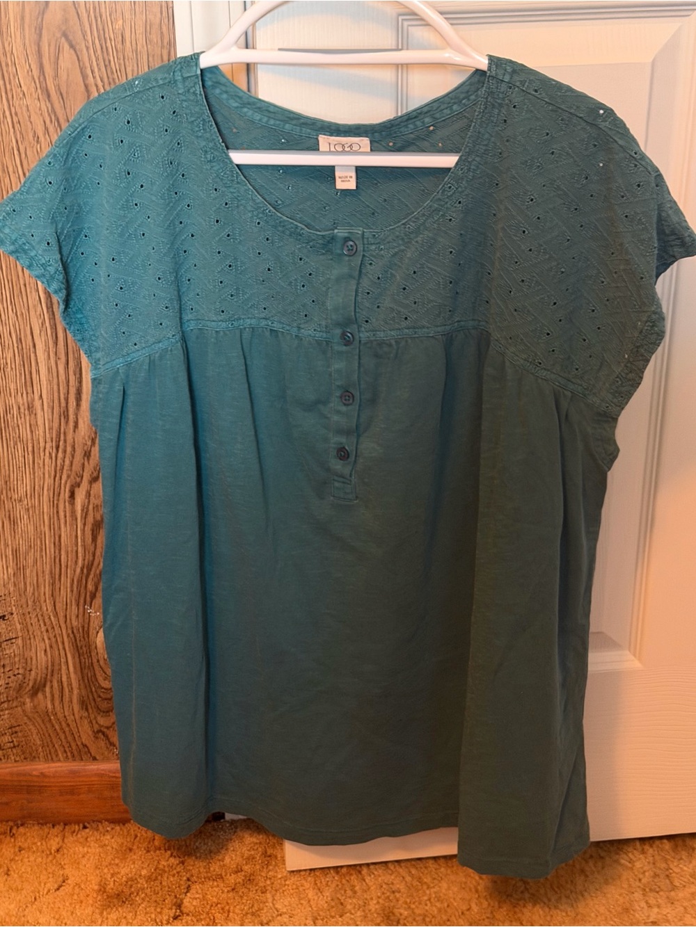 Cozy Teal Eyelet Yoke Button Front Women's Top by LOGO